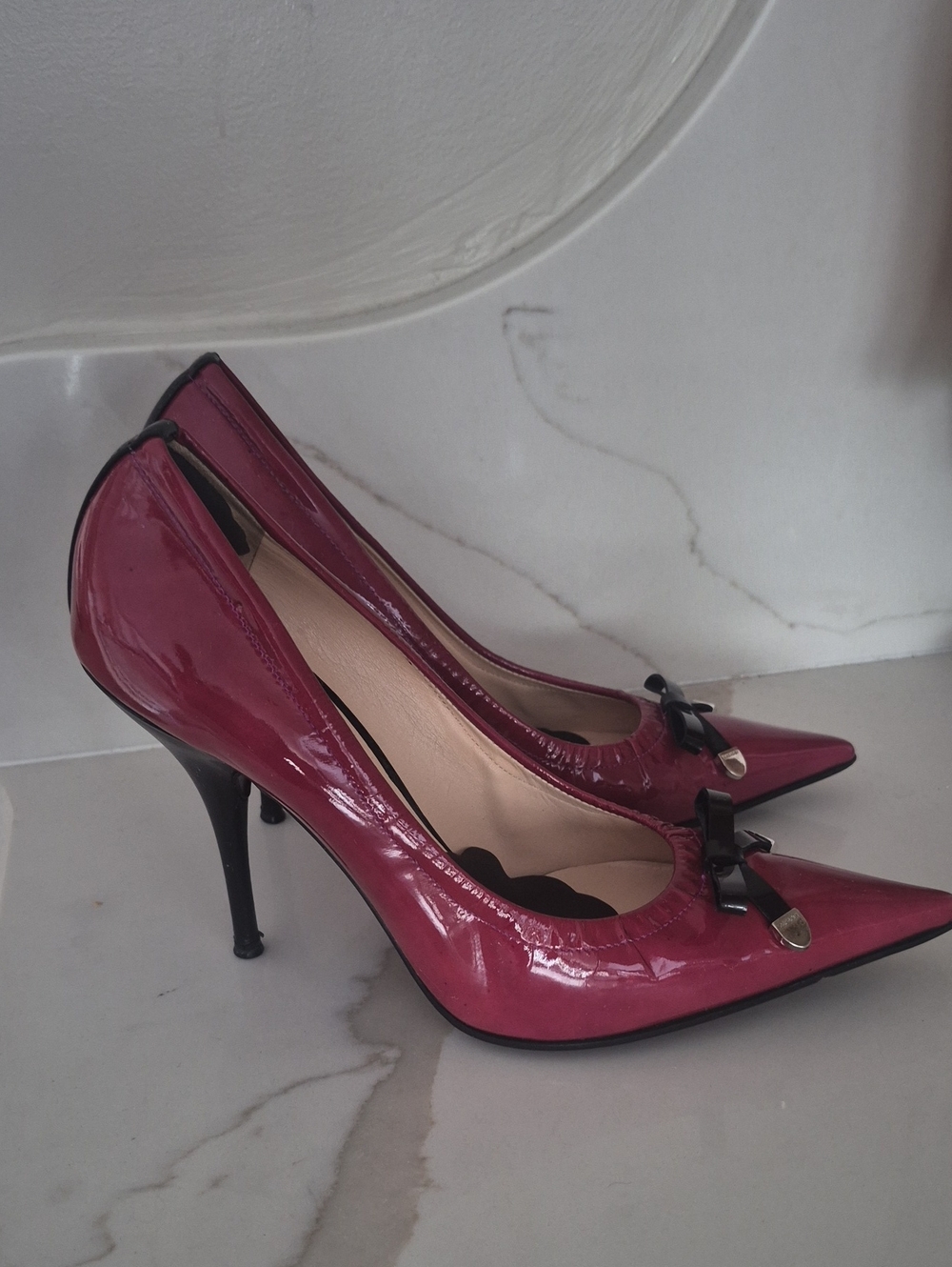 CASADEI MADE IN ITALY PATENT LEATHER BERRY N BLACK DETAIL SEXYAF STILLETTOS 8